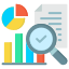 A flat-style icon featuring a pie chart, a bar graph, and a document being examined through a magnifying glass with a checkmark.