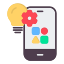 A flat-style icon of a smartphone with four colorful app squares, a glowing yellow lightbulb, and a red gear symbol.