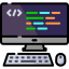 A colorful icon of a grey desktop computer with a keyboard and mouse, displaying a dark screen with multicolored lines of code and a programming symbol.
