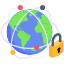A 3D-style icon of a blue and green Earth globe wrapped in glowing white network lines, with a large golden padlock positioned on the bottom right.