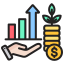 A colorful flat icon featuring a hand supporting a rising bar graph next to a stack of gold coins with a small plant growing out of the top.