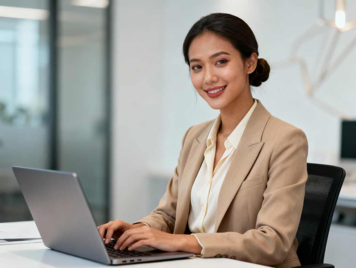A professional woman with dark hair tied in a sleek bun, wearing a tan blazer over a cream blouse, sits at a desk and looks directly at the camera with a confident smile.