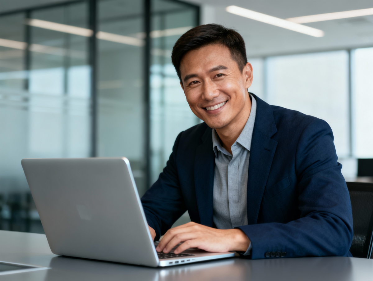 An Asian man in a dark blue blazer over a light grey shirt sits at a grey desk, smiling warmly at the camera.