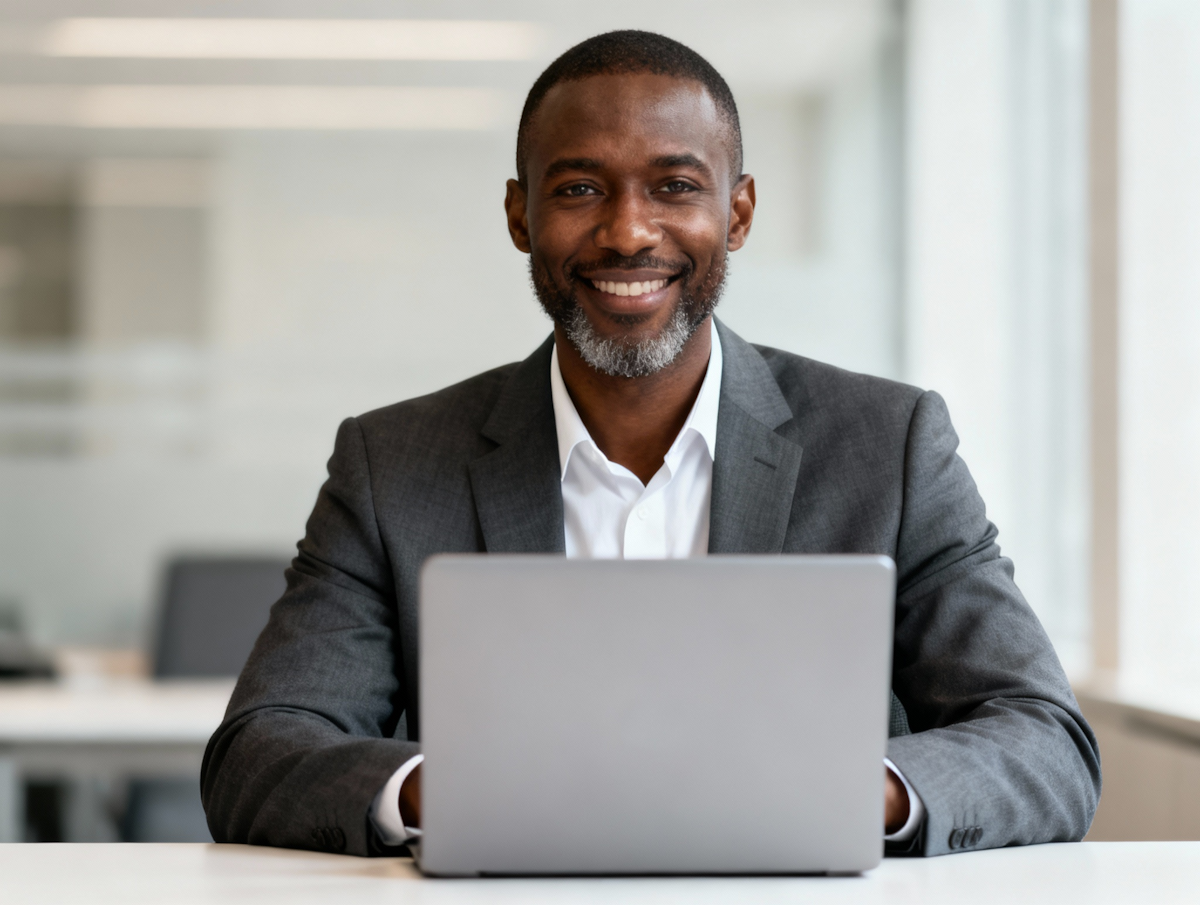 A smiling Black man with a salt-and-pepper beard, wearing a charcoal grey blazer over a crisp white shirt, sits at a white desk in a bright, modern office.
