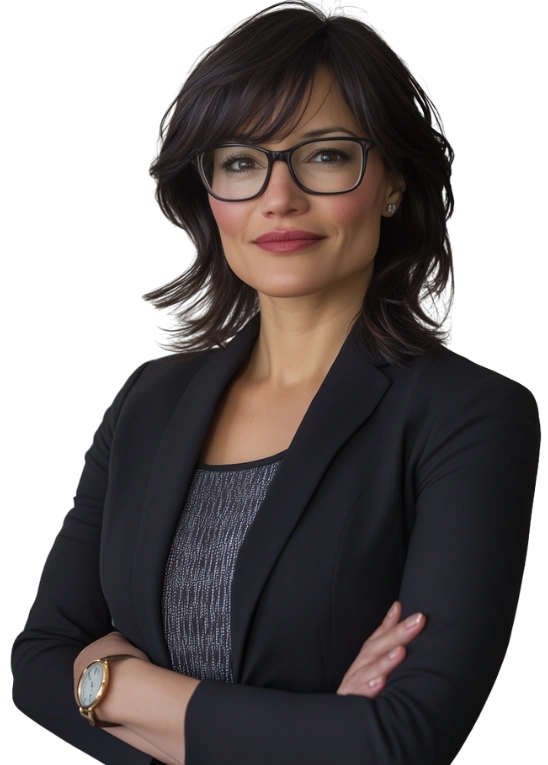 A professional woman with black hair tied back, wearing a beige oversized blazer over a white ribbed top and light-wash jeans with a black belt.